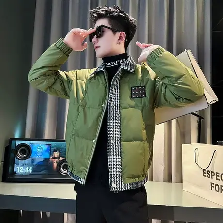 潮牌棉衣男冬季2023新款千鸟格拼接设计感假两件轻薄短款棉服外套图片