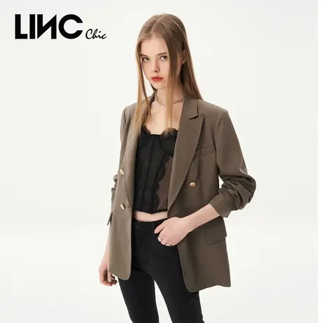 LINCCHIC金羽杰外套复古双排金属扣宽肩权利西装外套女S231SU074Y图片