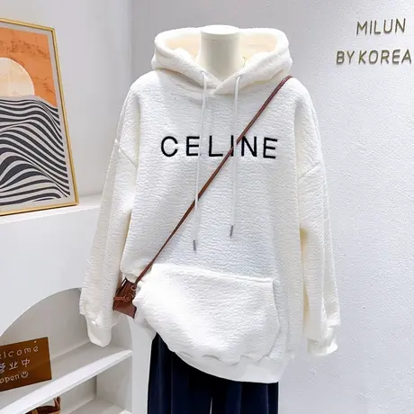 微胖遮肉~韩版秋冬款简约字母羊羔绒外套中长款遮臀毛毛卫衣大码图片