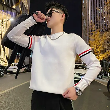 针织毛衣男冬季2023新款潮流韩版修身拼接设计感时尚彩条内搭线衣商品大图