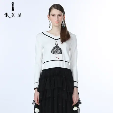 淑女屋官方旗舰店束腰弹力正品黑白公主毛衣长袖女冬V领绣花公主图片