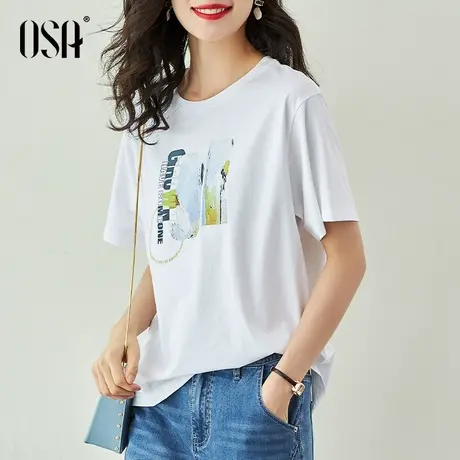 OSA白色印花正肩T恤女士夏季短袖薄款体恤2021年新款针织宽松上衣商品大图