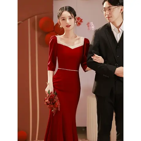 敬酒服新娘2023新款夏季中长袖鱼尾修身长款结婚酒红色礼服女缎面商品大图