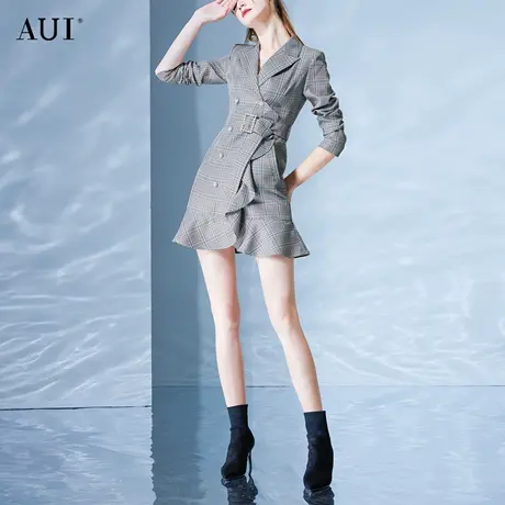 AUI格子职业气质小西装外套女2022春秋新款荷叶边鱼尾包臀西服裙图片