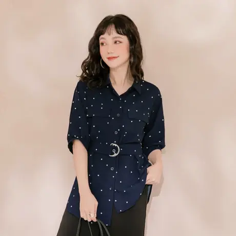 桔熊春季蓝色白圆点印花3L衬衫下摆不对称半袖上衣女大码AB14677商品大图