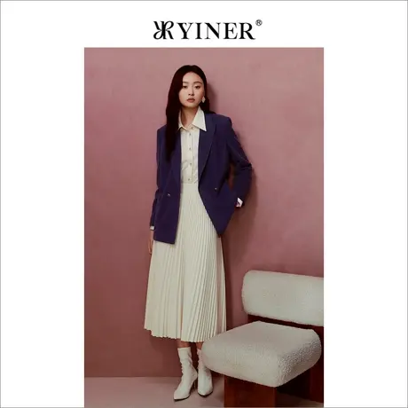 YINER音儿冬季女装法式简约过膝A字裙收褶百褶半身裙商品大图