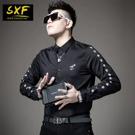 SXF圣希梵男士衬衫 抗皱免烫上衣长袖印花2022春秋新款衬衣男潮牌商品大图