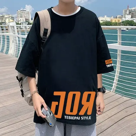 纯棉设计感小众短袖T恤男夏季潮牌ins半袖宽松体恤美式打底衫衣服商品大图