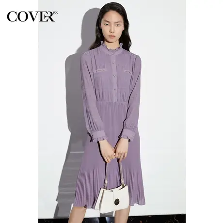 COVER2023春季木耳边重工对条褶皱连衣裙图片