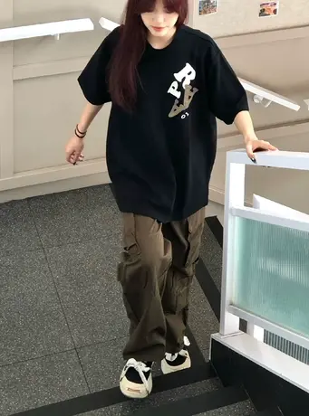 纯棉重磅oversize短袖t恤女夏季设计感宽松半袖复古港味chic上衣商品大图