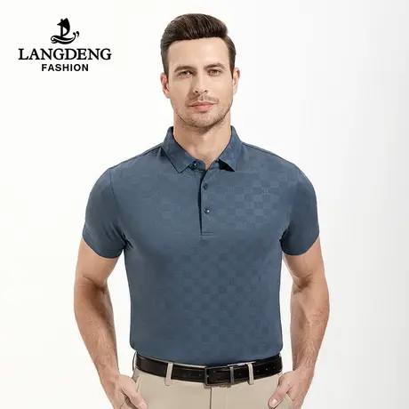 浪登男士2023夏新款短袖t恤商务休闲含桑蚕丝透气格纹polo衫中年商品大图