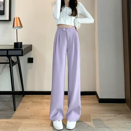 窄版西装阔腿裤女春秋2024年新款高腰垂感显瘦拖地紫色休闲直筒裤商品大图