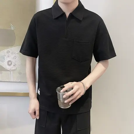 夏季短袖POLO衫T恤男纯色宽松肌理感半截袖上衣潮牌翻领半拉链T恤商品大图