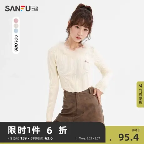 三福毛衣2024新款春秋季小个子套头短款V领针织衫上衣女装477382商品大图