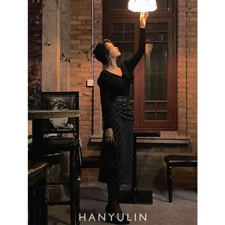 韩语琳港风复古V领系带长袖荷叶边针织上衣宽松高腰开叉半身裙秋商品大图