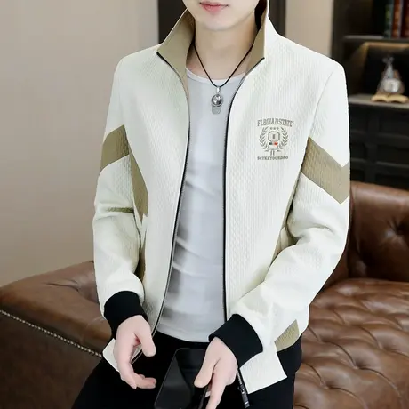 春秋季潮流男装外套男士高端立领肌理感撞色夹克休闲百搭春装上衣图片