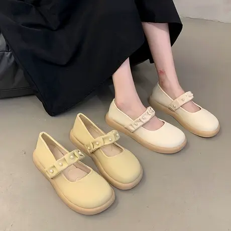单鞋女2024新款透气白色玛丽珍女鞋气质春季浅口平底一脚蹬小皮鞋商品大图