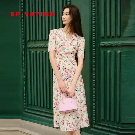 EP YAYING雅莹女装 真丝印花V领中长款连衣裙 2024春装新款4658A图片