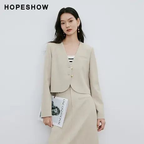 红袖直身单排扣V领短款外套hopeshow2024春季新款设计感西服上衣商品大图