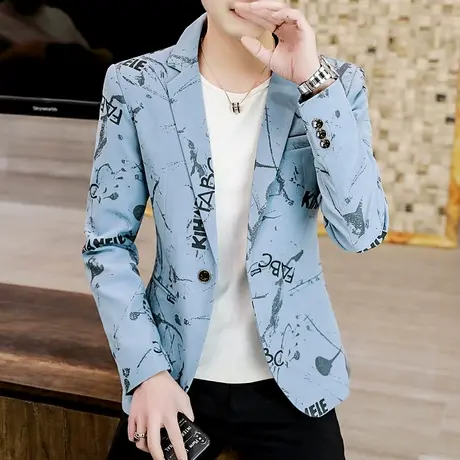 小西装男春季韩版修身印花上衣单件潮流痞帅男装学生休闲西服外套商品大图