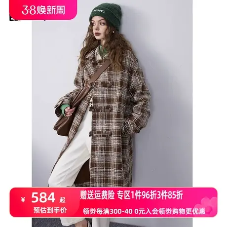 妖精的口袋格纹长款毛呢外套女2023冬季新款学院风设计感呢子大衣图片