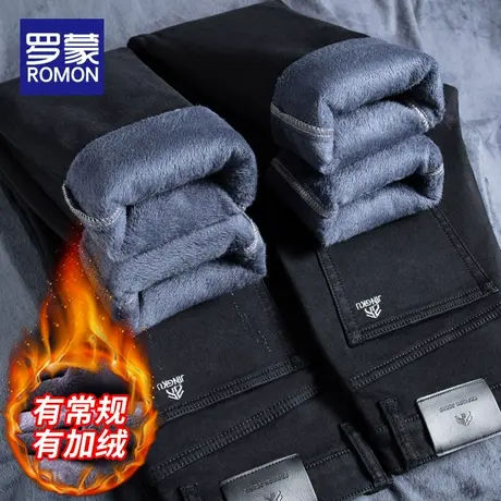 罗蒙加绒牛仔裤男士秋冬款加厚保暖直筒修身外穿冬季黑色长裤子男商品大图