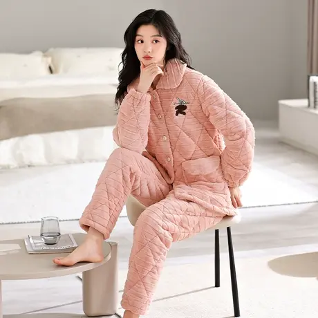 婷美睡衣女士秋冬季开衫三层加厚夹棉袄保暖开衫家居服外穿两件套商品大图