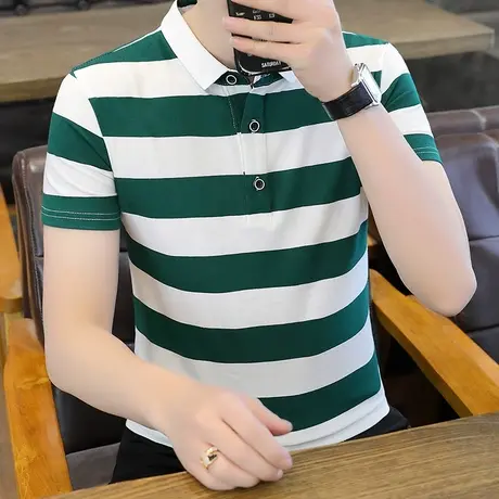 2023夏季新款男士休闲短袖t恤条纹翻领潮流polo衫条纹宽松半袖男商品大图