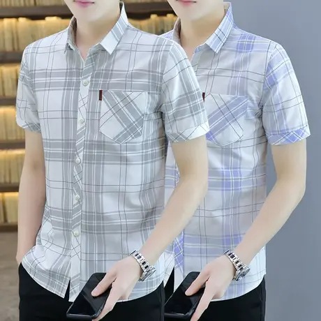 夏季男士短袖衬衫薄款韩版修身帅气免烫冰丝尖领休闲百搭潮牌衬衣图片