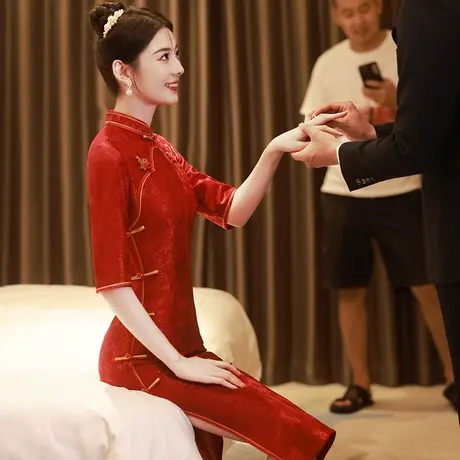 旗袍敬酒服新娘2023新款中式订婚礼服连衣裙中袖蕾丝秋季连衣裙女商品大图