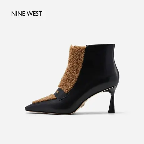 Nine West/玖熙羊羔毛拼接高跟短靴2023冬新款复古法式高级时装靴商品大图