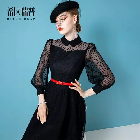 希区瑞普高端名媛法式连衣裙女2023春季款修身气质蕾丝复古灯笼袖图片
