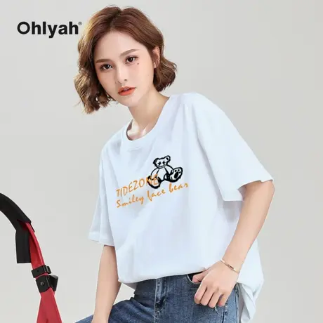 Ohlyah潮牌休闲百搭纯棉宽松橙色英文小熊情侣T恤女短袖半袖上衣商品大图