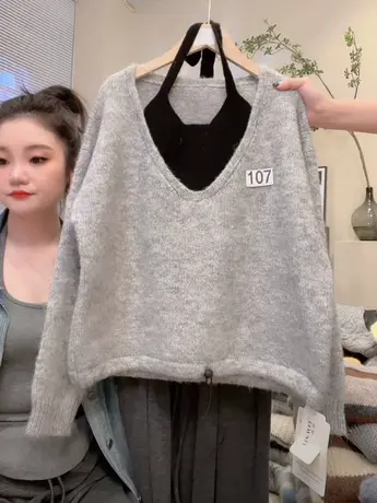 设计感挂脖假两件毛衣女2023秋装新款韩版宽松显瘦时尚百搭上衣洋图片