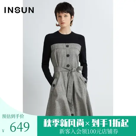 恩裳春秋季时尚简约大气复古格子假两件A字连衣裙图片