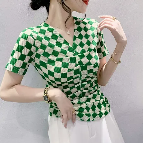 性感V领网纱短袖T恤女士夏装别致气质拼色格子上衣修身收腰小衫潮商品大图