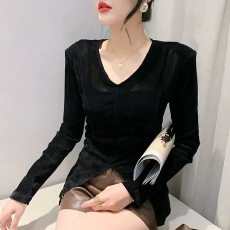时尚丝绒T恤女长袖秋装2023新款设计感开叉上衣内搭修身V领打底衫图片