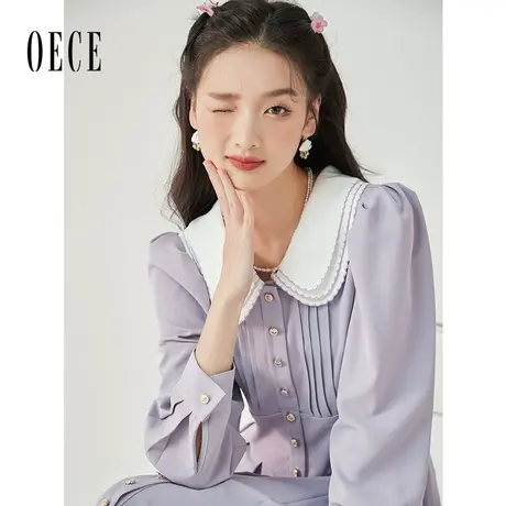 Oece高级感气质长袖连衣裙2023秋季新款女装复古中长款娃娃领裙子图片