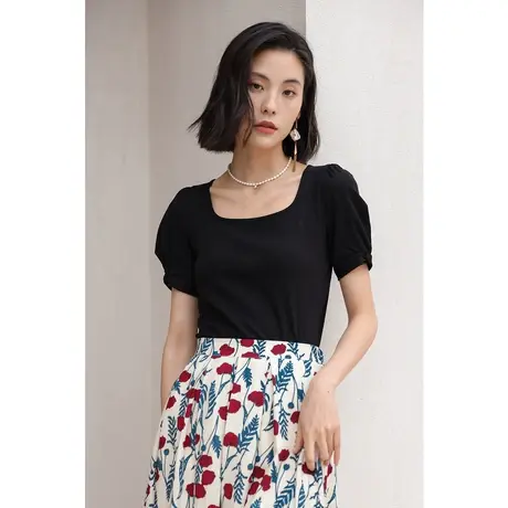 弥古黑色法式方领上衣女冰丝短袖t恤高级感夏季薄款泡泡袖针织衫图片