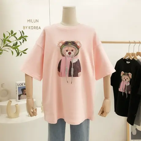 2021秋冬新款韩国东大门卡通小熊磨毛绒加厚半袖T恤宽松大版欧货商品大图