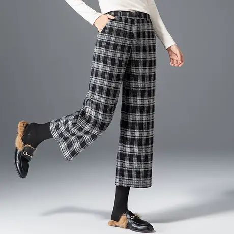 七分毛呢阔腿裤女秋冬2023新款休闲九分直筒裤宽松八分妈妈格子裤商品大图