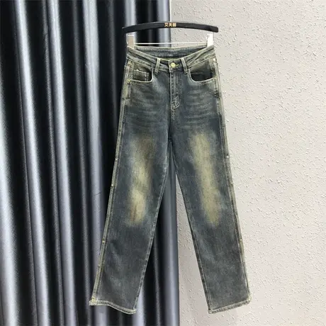 怀旧复古风牛仔长裤女2023秋季新款时尚钉珠高腰显瘦直筒裤拖地裤图片