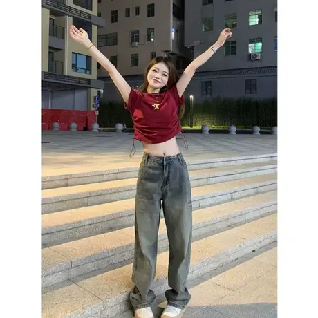 辣妹超好看酒红色星星短袖t恤女夏季短款显瘦抽绳设计感百搭上衣商品大图