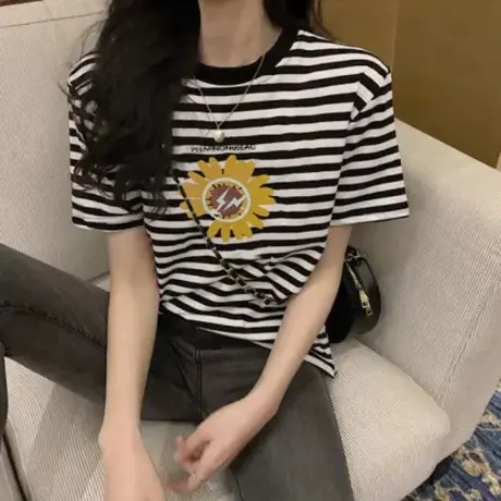 经典黑白条纹T恤短袖女2023夏季新款修身显瘦圆领休闲百搭上衣女商品大图