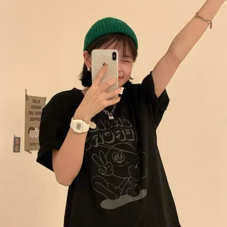 原创港风ins卡通2023新款夏季宽松百搭可爱纯棉短袖T恤女上衣圆领图片