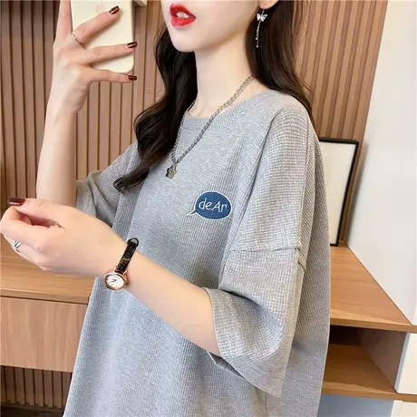 华夫格短袖t恤女夏装韩版宽松大码中长款设计感小众下衣失踪上衣图片