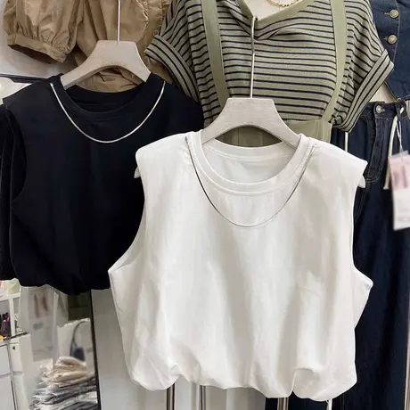 欧货纯棉上衣无袖女士夏装洋气减龄宽松显瘦短款打底衫上衣潮ins图片