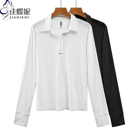 早春新款韩版翻领修身纯色纯棉长袖体恤上衣内搭女打底衫小白T商品大图