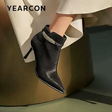 意尔康黑色细跟时装靴女2023年冬季新款工作通勤尖头高跟短靴踝靴商品大图