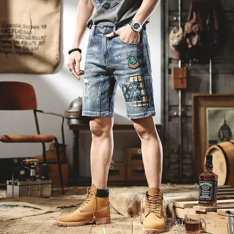 欧货潮牌漆点贴布破洞牛仔短裤男2022新款潮流百搭男士五分裤中裤商品大图